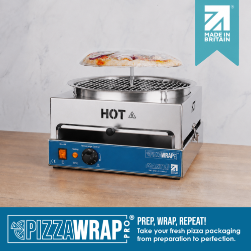 PizzaWrap Pro stainless steel fresh pizza packaging machine designed for wrapping and packaging freshly prepared pizzas quickly and professionally