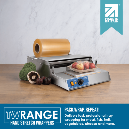 TW45 hand stretch wrapper from Mantle Packaging wrapping fresh meat, cheese, fruit and vegetables with stretch film for secure, professional food packaging.