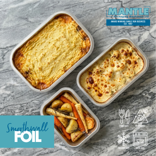 Smoothwall foil trays for ready meals, takeaways and meal prep, suitable for oven use, freezer and hot or cold food delivery