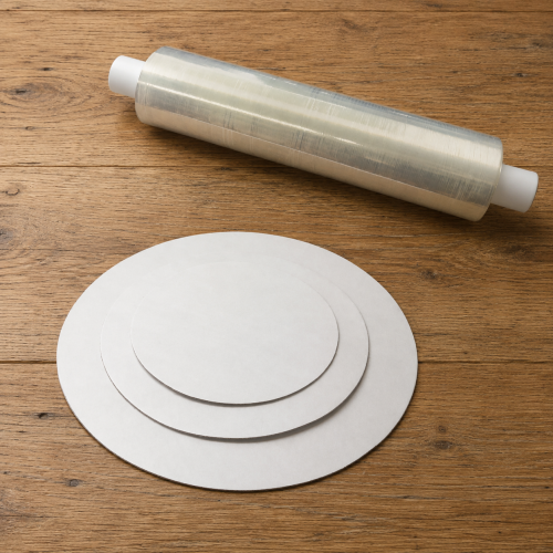 Multi directional stretch pizza film and cardboard discs for shrink wrapping pizzas using the PizzaWrap Pro and PizzaWrap Timer