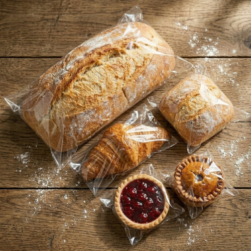 Centre-folded polypropylene film for use with packing bakery items like bread, pastries and cakes on an L sealer packaging machine