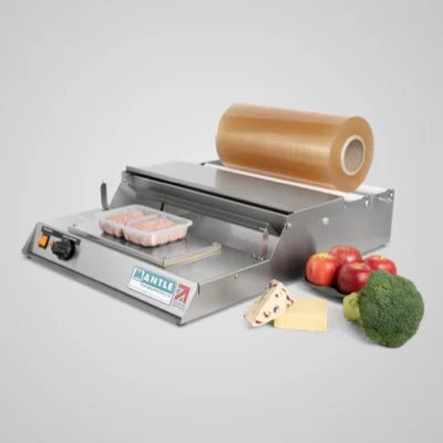 food packaging machinery - hand stretch wrapper used with food grade stretch films are available in various widths covering meat products, vegetables, fish and fruit.