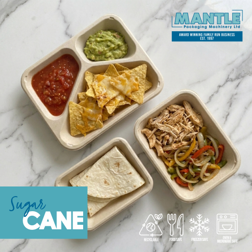 Sugarcane bagasse trays for ready meals, takeaways and meal prep, recyclable and suitable for hot and cold food. Microwave, oven and freezer safe.