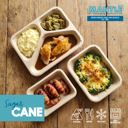 Sugarcane bagasse trays for ready meals, takeaways and meal prep, recyclable and suitable for hot and cold food. Microwave, oven and freezer safe.
