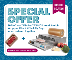 KP Infinity trays paired with a hand stretch wrapper, offering an efficient packaging solution for secure wrapping and product protection.