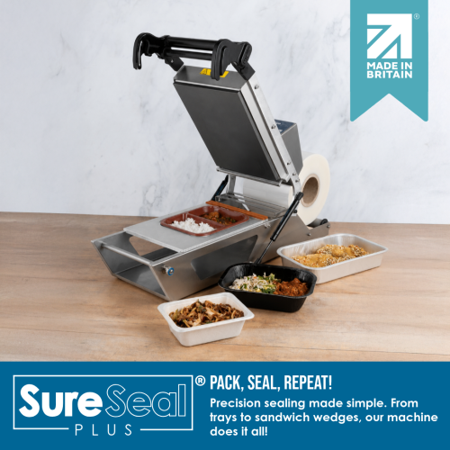SureSeal Plus stainless steel food tray lidding machine by Mantle Packaging, made in Britain for sealing food trays with peelable or weld seal films.