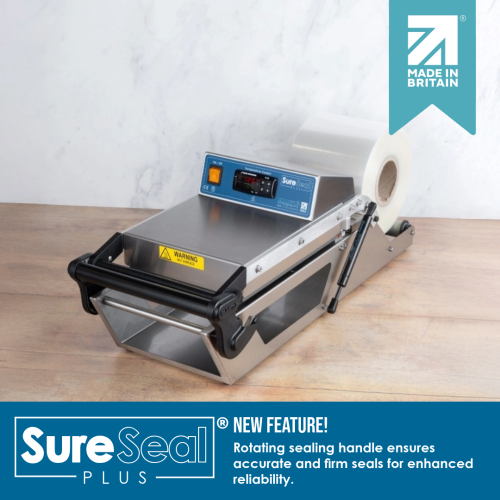 SureSeal Plus stainless steel food tray lidding machine by Mantle Packaging, made in Britain for sealing food trays with peelable or weld seal films.